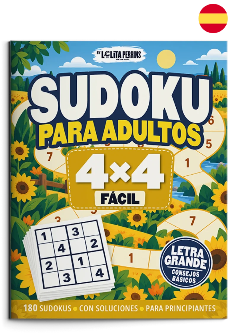 Sudokus para Adultos — Fácil 4×4 Portada de Sudokus para Adultos. Fácil 4×4. Libro en castellano.
