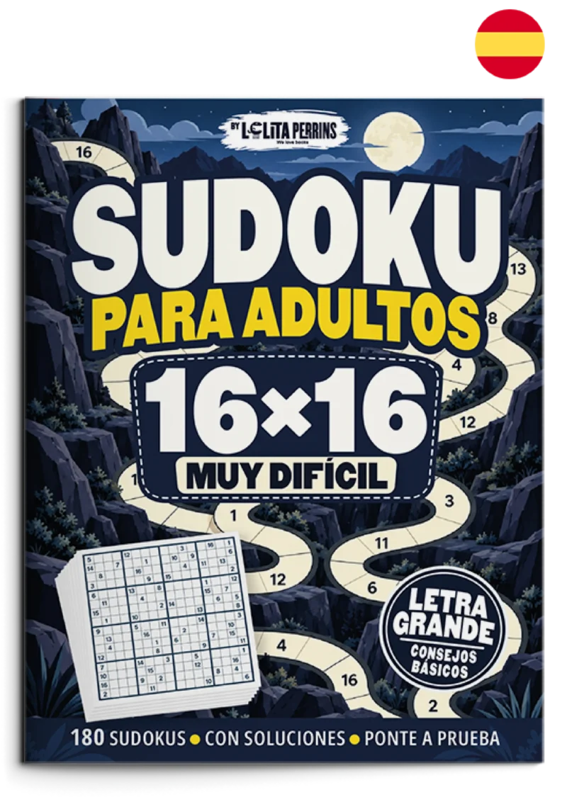 Sudokus para Adultos — Muy difícil 16×16 Portada de Sudokus para Adultos. Muy difícil 16×16. Libro en castellano.