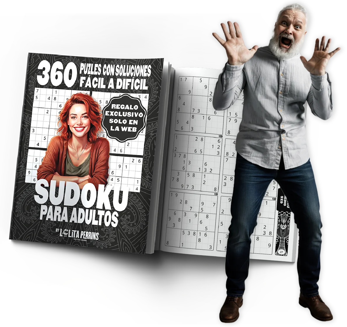 Montaje de interior libro de sudokus y señor sorprendido Montaje de interior libro de sudokus y señor sorprendido