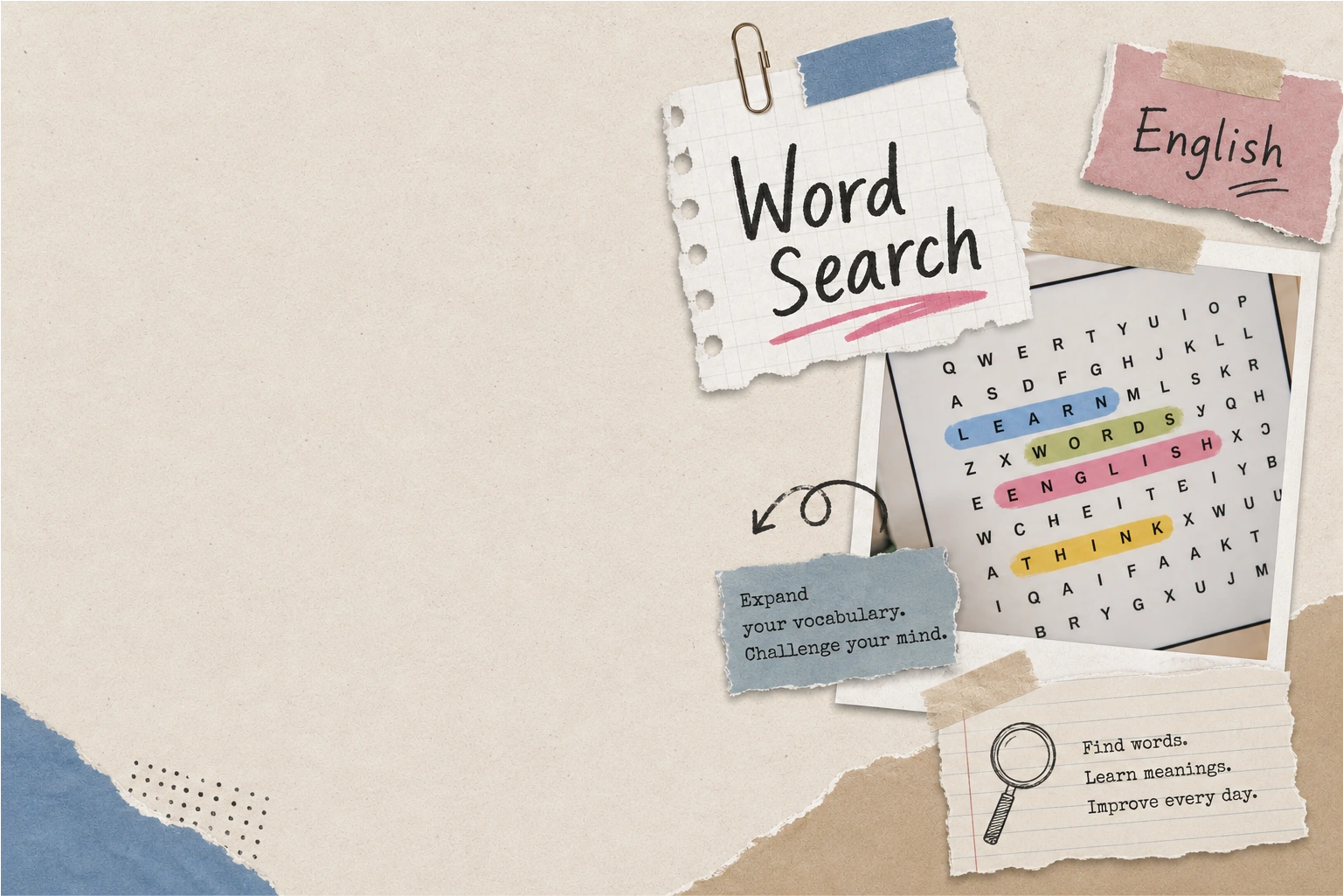 Sopa de letras en inglés con palabras resaltadas y notas para aprender vocabulario