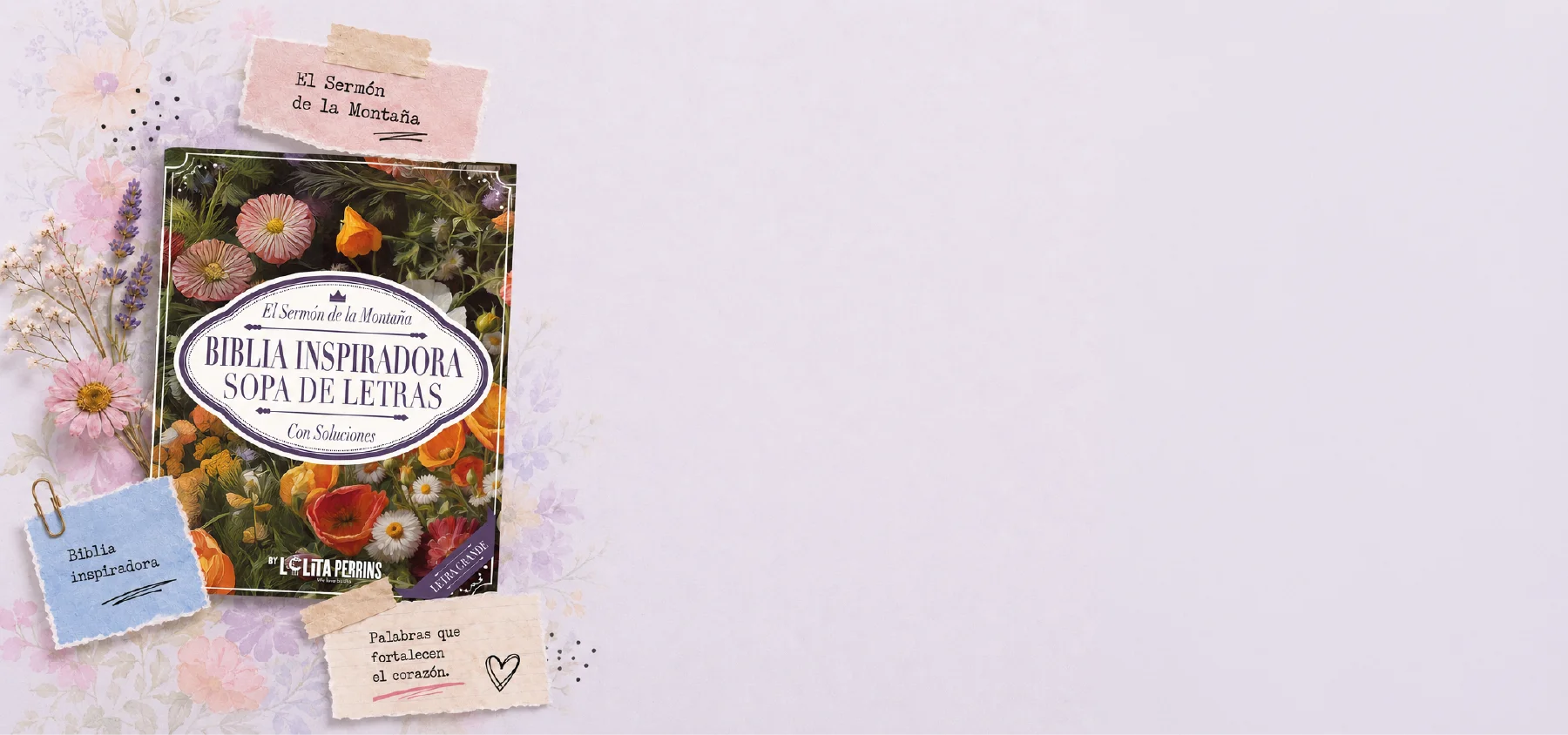 Libro Sopa de letras Biblia Inspiradora rodeado de flores y notas sobre el Sermón de la Montaña