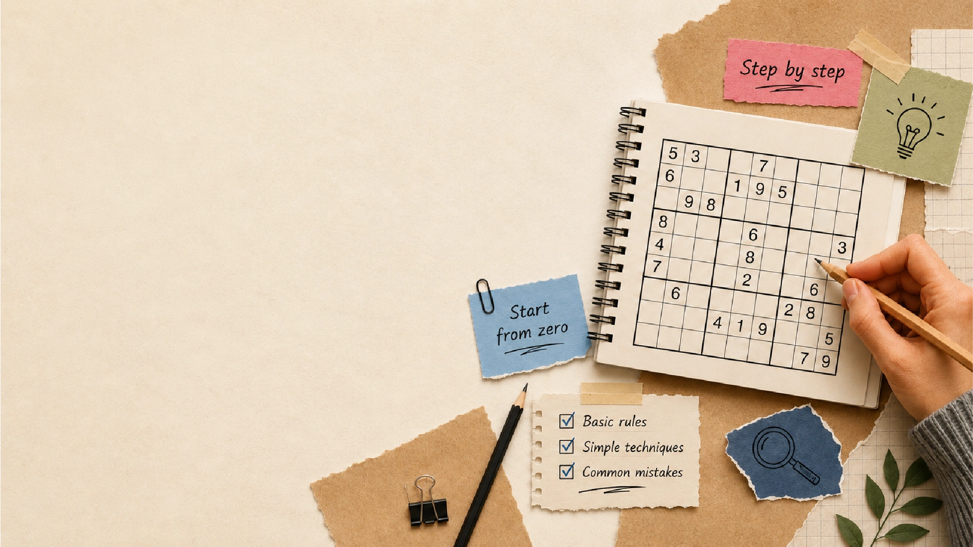 Sudoku notebook with step-by-step notes and basic rules for beginners