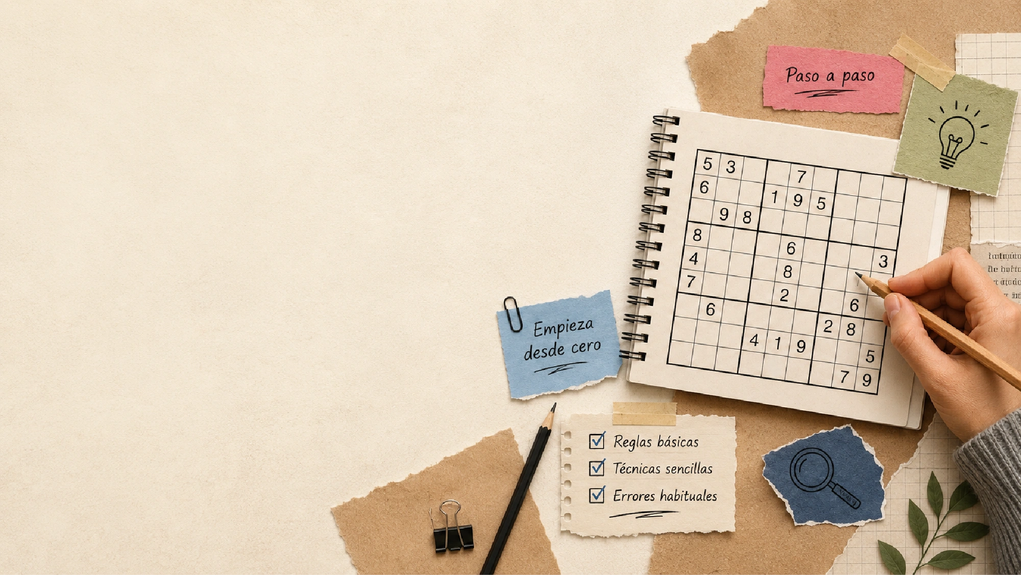Cuaderno con un sudoku, notas de aprendizaje y lápiz para empezar desde cero