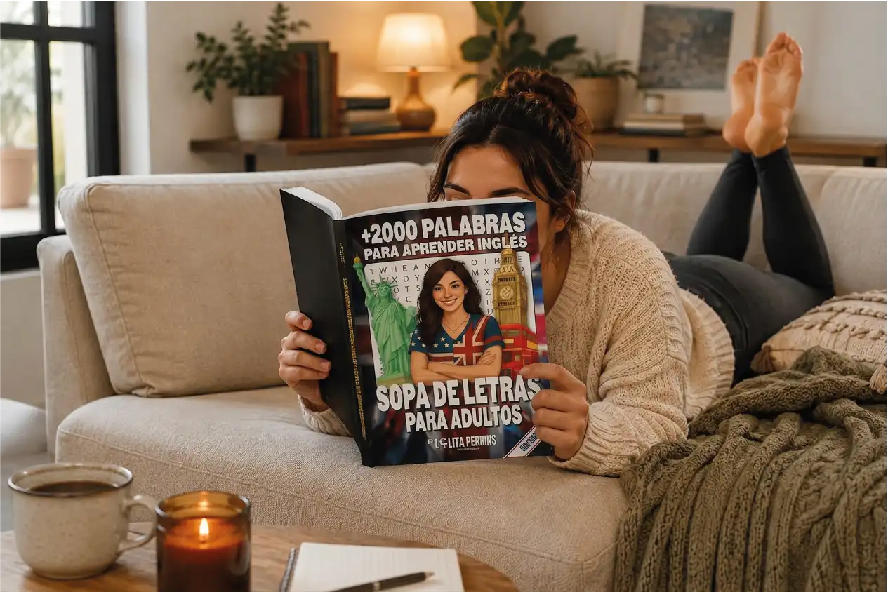 Persona leyendo el libro Sopa de letras para aprender inglés en el sofá