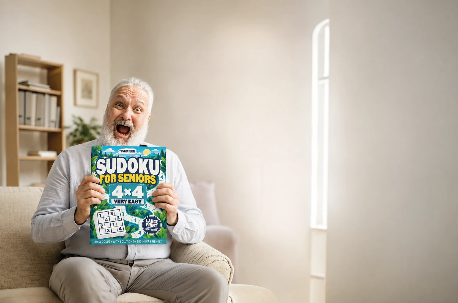 George holding the Very Easy 4x4 sudoku book for seniors