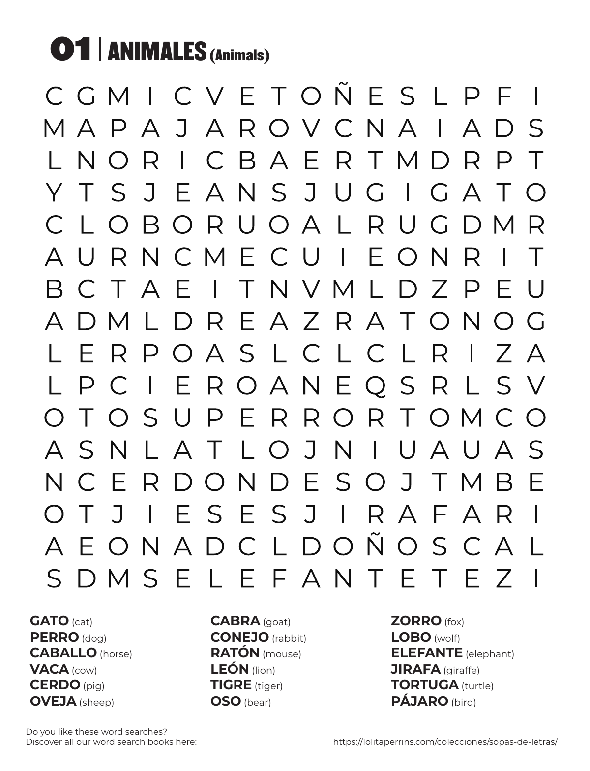 Spanish Animals Word Search printable worksheet preview with Spanish words and English translations.