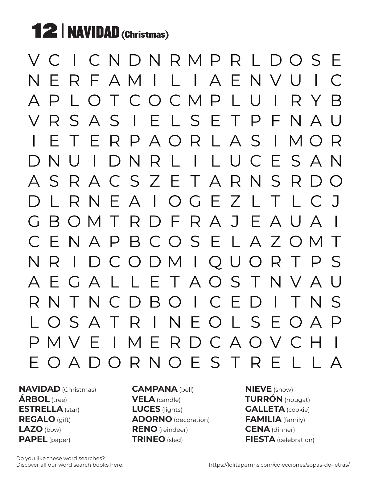 Christmas Spanish Word Search printable worksheet preview with Spanish words and English translations.