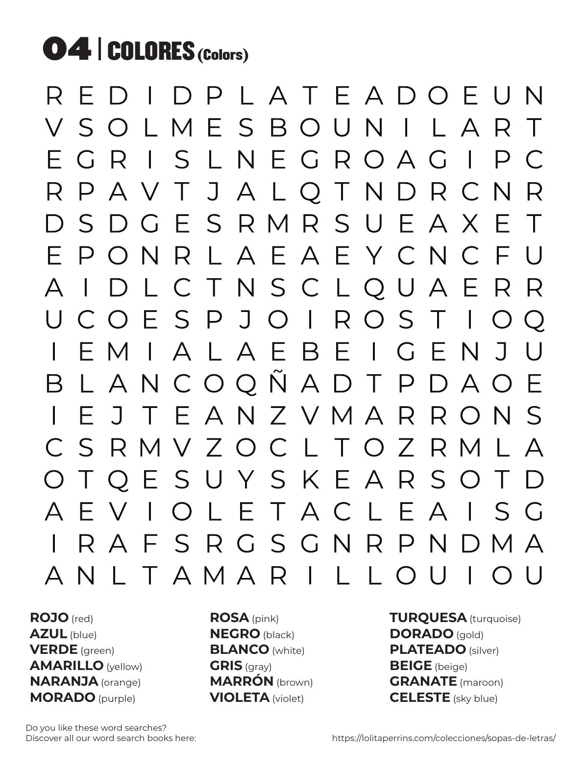 Spanish Colors Word Search printable worksheet preview with Spanish words and English translations.