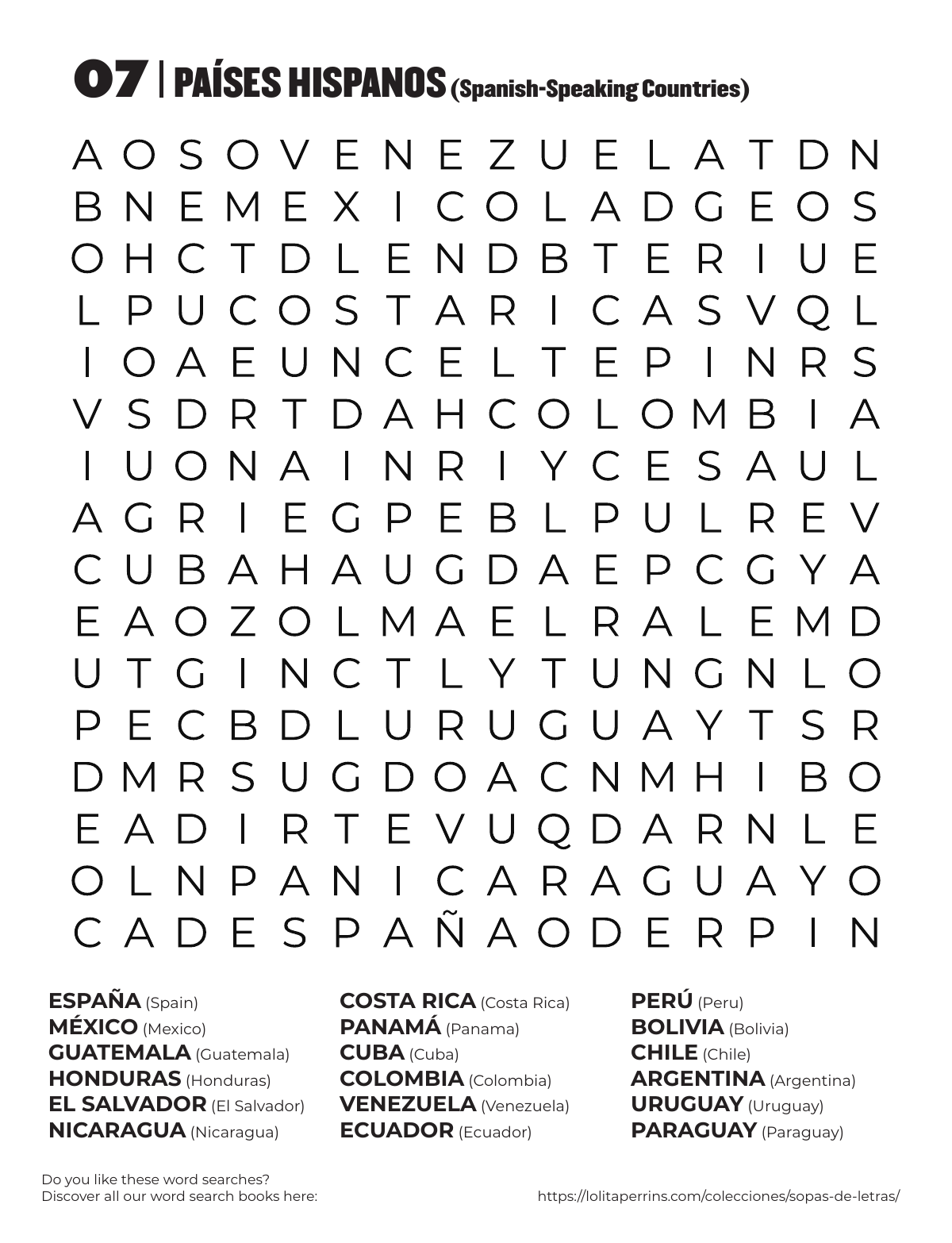 Spanish-Speaking Countries Word Search printable worksheet preview with Spanish words and English translations.