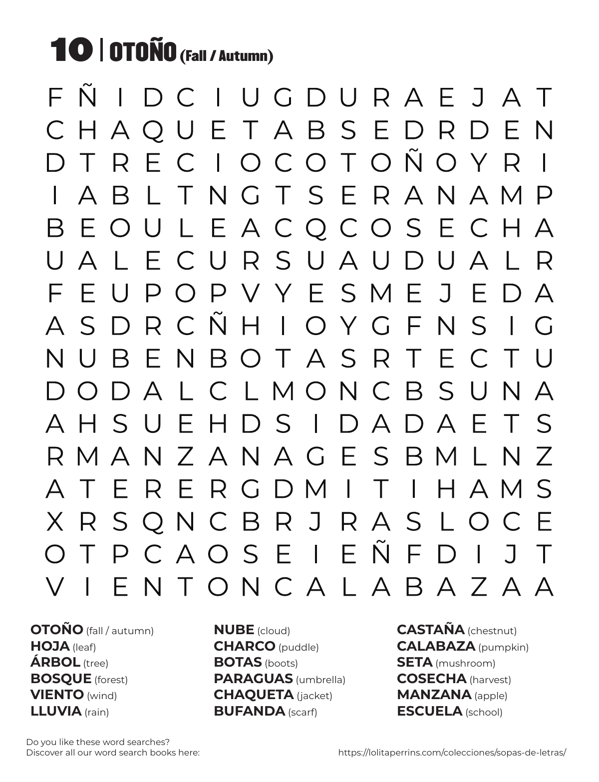 Fall Spanish Word Search printable worksheet preview with Spanish words and English translations.