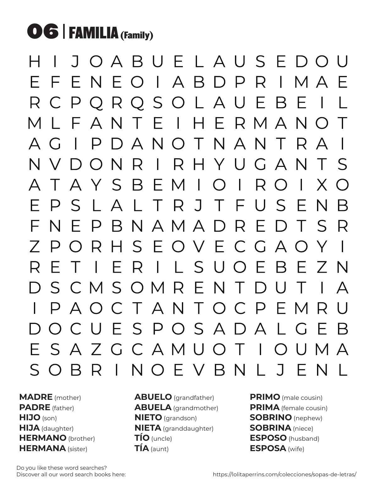 Spanish Family Word Search printable worksheet preview with Spanish words and English translations.