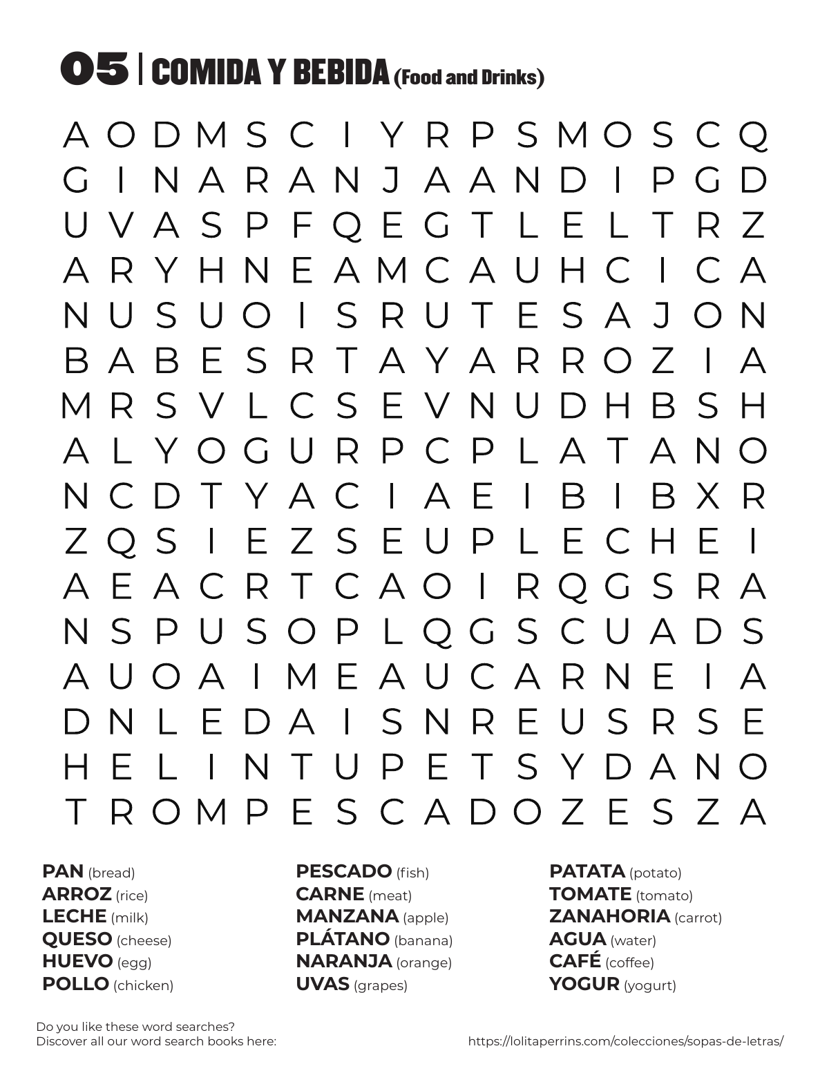 Spanish Food Word Search printable worksheet preview with Spanish words and English translations.