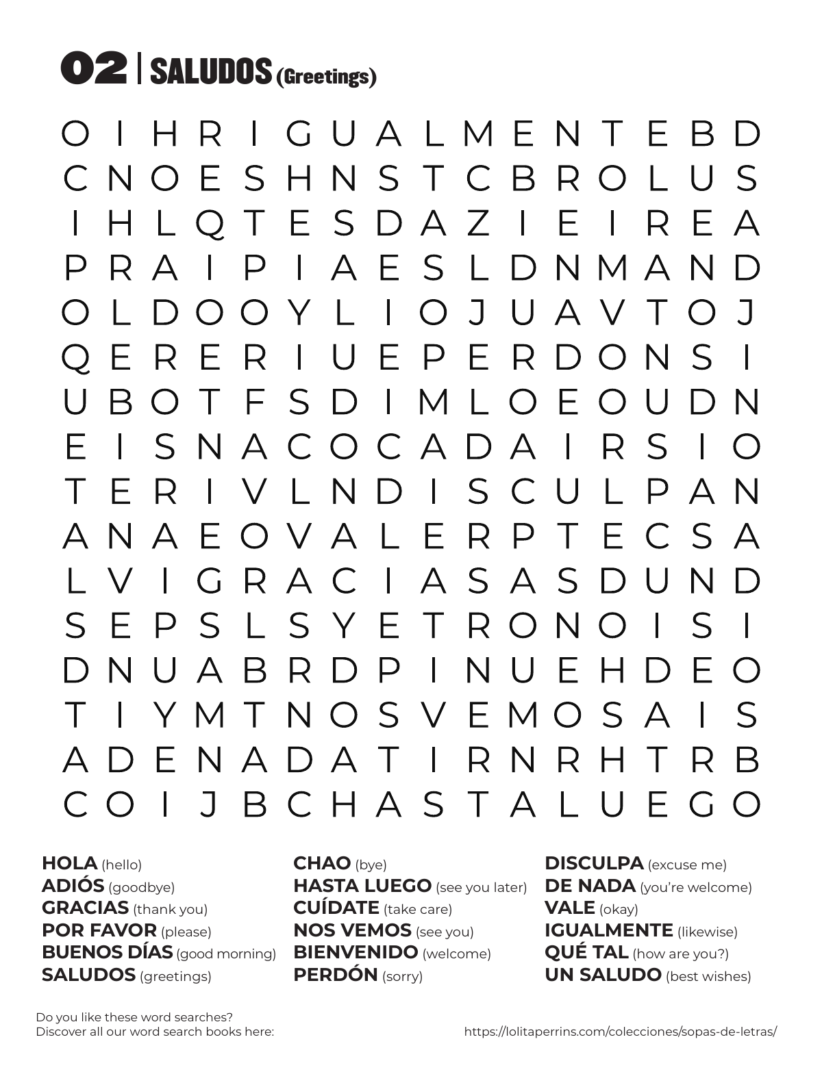 Spanish Greetings Word Search printable worksheet preview with Spanish words and English translations.