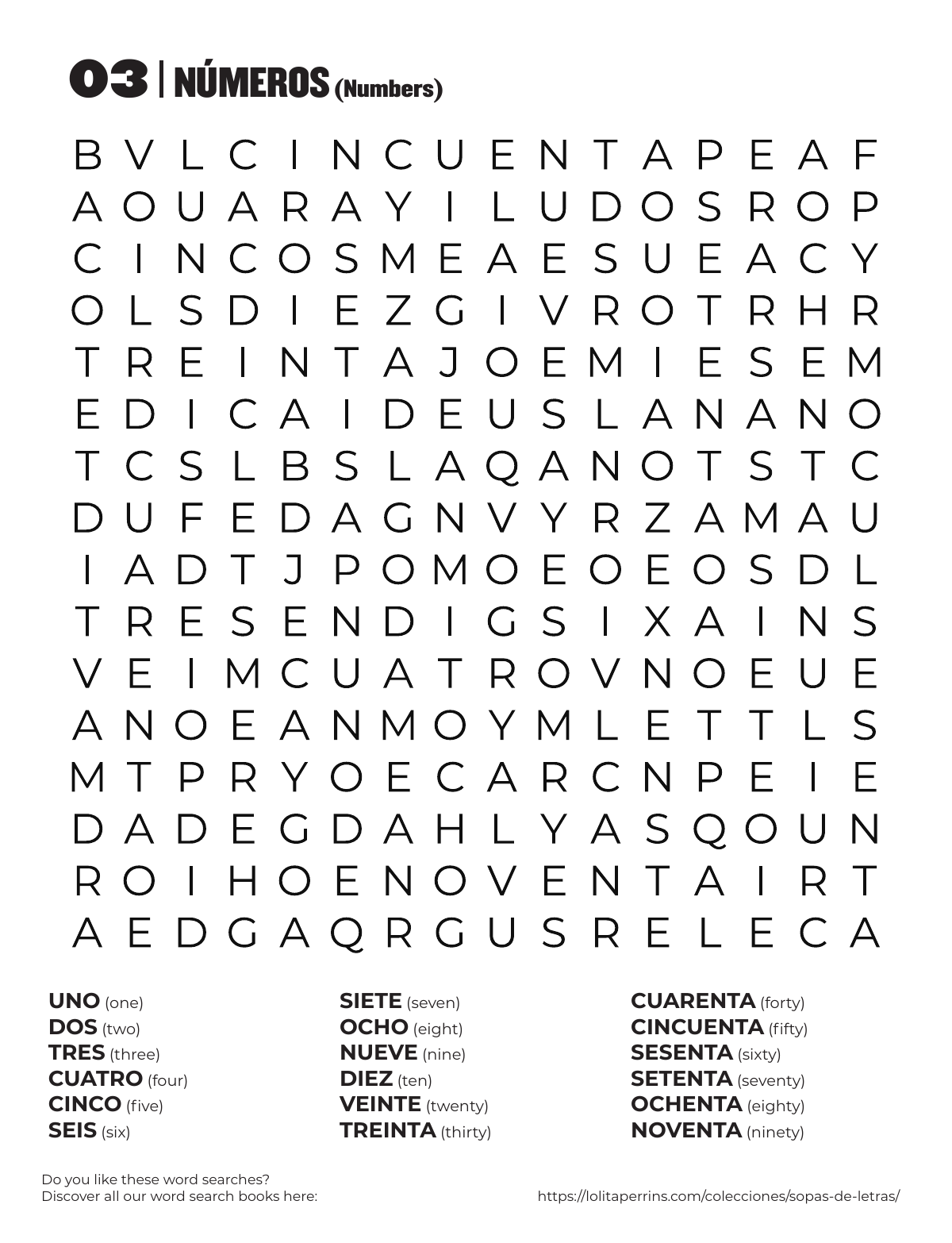 Spanish Numbers Word Search printable worksheet preview with Spanish words and English translations.