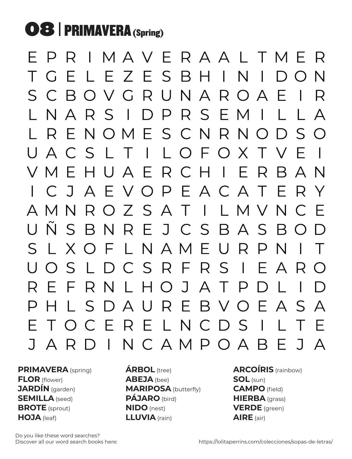 Spring Spanish Word Search printable worksheet preview with Spanish words and English translations.