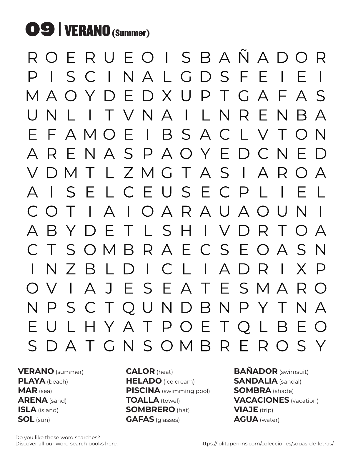 Summer Spanish Word Search printable worksheet preview with Spanish words and English translations.
