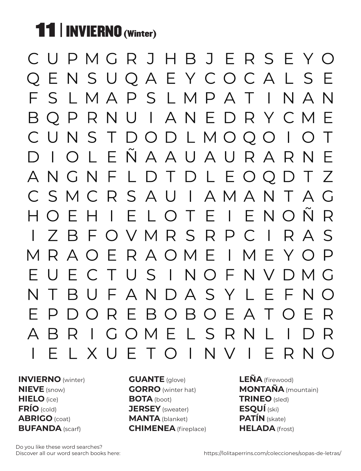 Winter Spanish Word Search printable worksheet preview with Spanish words and English translations.